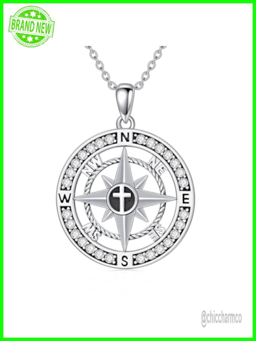 925 Sterling Silver Compass Cross Pendant Necklace 18+2 Inch Chain